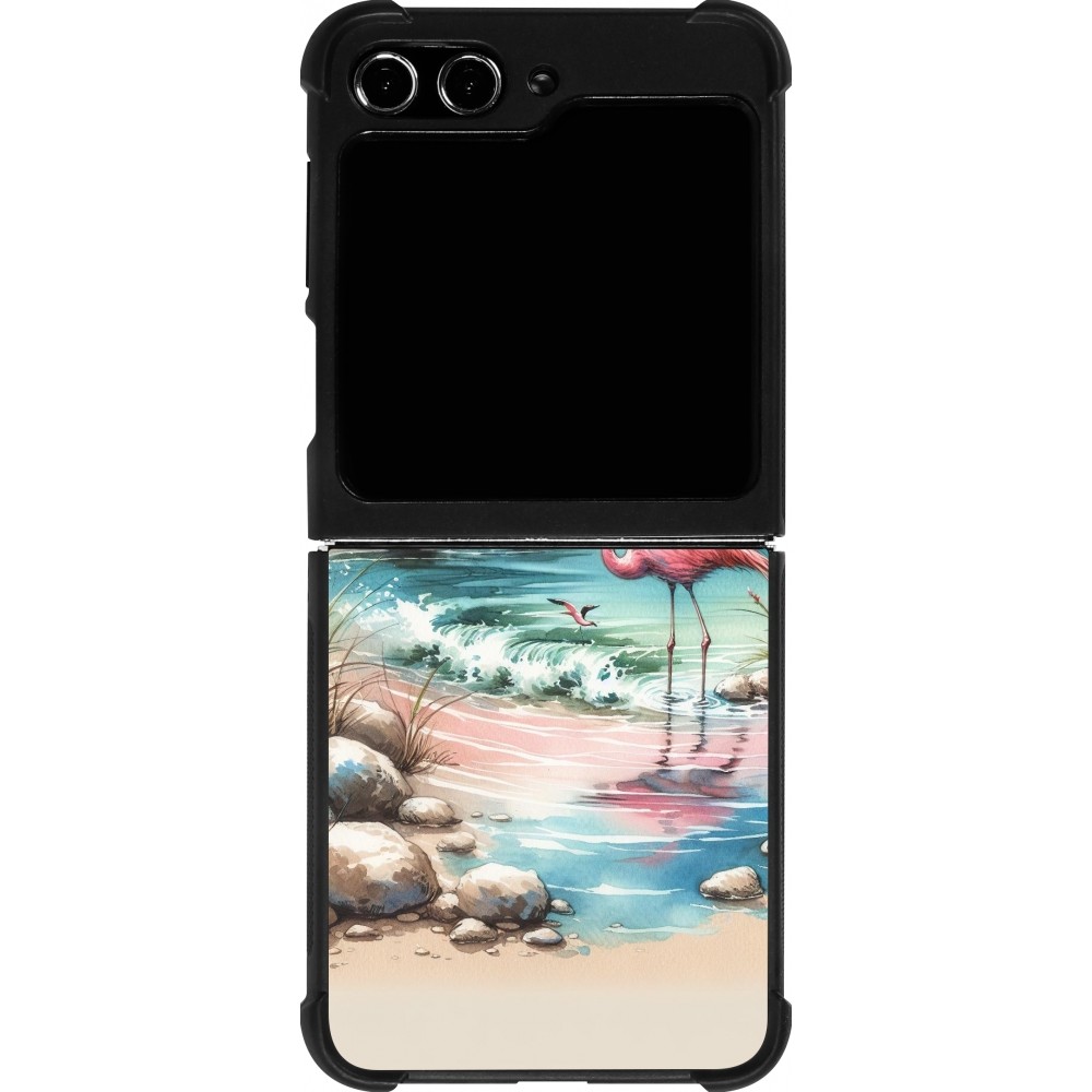 Coque Samsung Galaxy Z Flip5 - Silicone rigide noir Flamant rose aquarelle