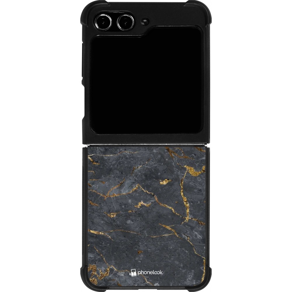 Coque Samsung Galaxy Z Flip5 - Silicone rigide noir Grey Gold Marble