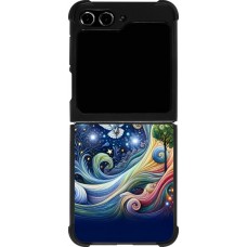 Coque Samsung Galaxy Z Flip5 - Silicone rigide noir hibou volant floral