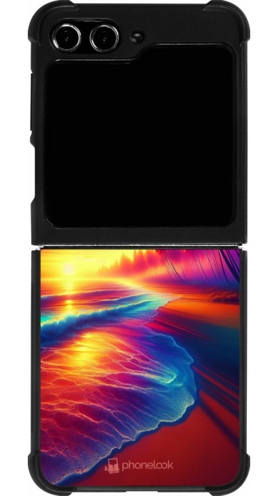 Coque Samsung Galaxy Z Flip5 - Silicone rigide noir Plage coucher soleil flashy