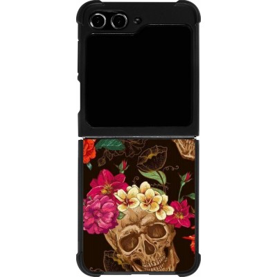 Coque Samsung Galaxy Z Flip5 - Silicone rigide noir Skulls and flowers