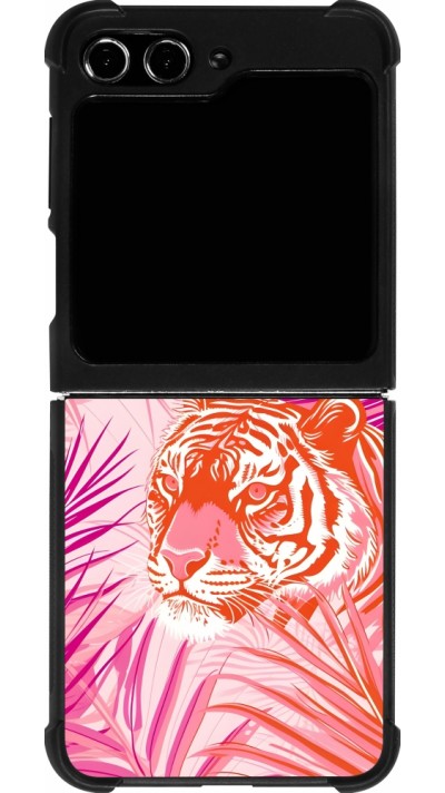 Coque Samsung Galaxy Z Flip5 - Silicone rigide noir Tigre palmiers roses