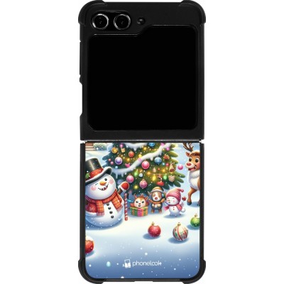 Coque Samsung Galaxy Z Flip5 - Silicone rigide noir Noël 2023 bonhomme de neige et sapin