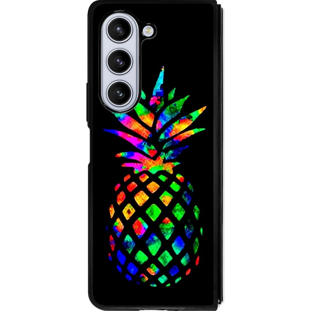 Coque Samsung Galaxy Z Fold5 - Silicone rigide noir Ananas Multi-colors