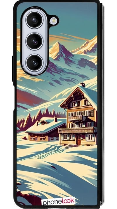 Coque Samsung Galaxy Z Fold5 - Silicone rigide noir Chalet montagne enneigée