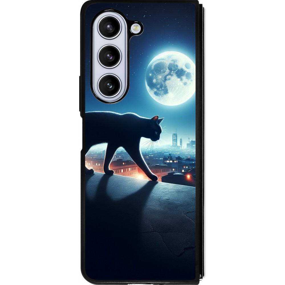 Coque Samsung Galaxy Z Fold5 - Silicone rigide noir Chat noir sous la pleine lune