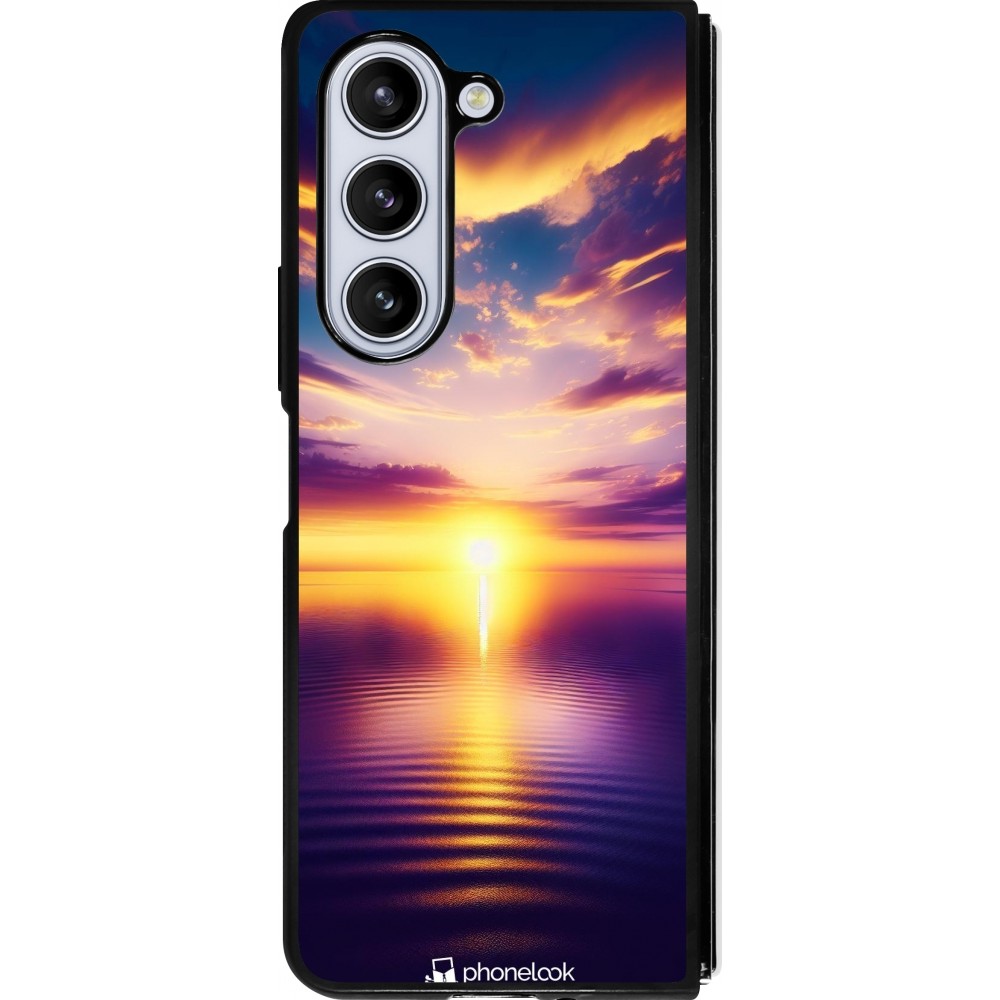 Coque Samsung Galaxy Z Fold5 - Silicone rigide noir Coucher soleil jaune violet