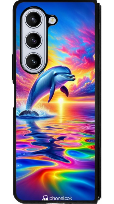 Coque Samsung Galaxy Z Fold5 - Silicone rigide noir Dauphin arc-en-ciel heureux