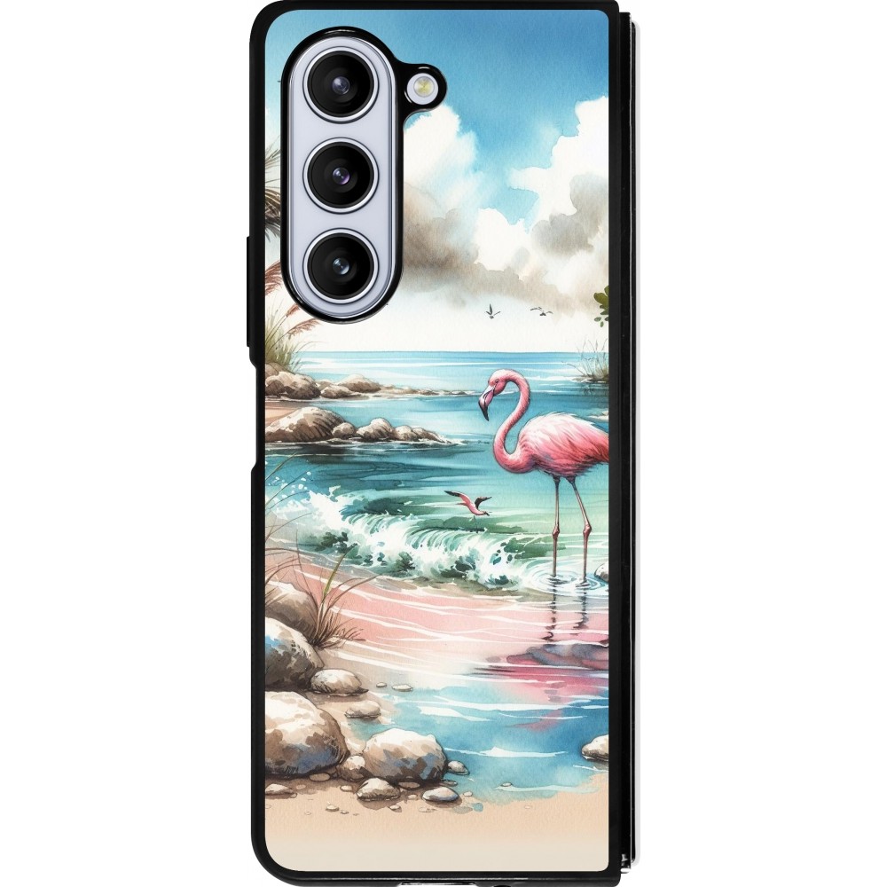 Coque Samsung Galaxy Z Fold5 - Silicone rigide noir Flamant rose aquarelle