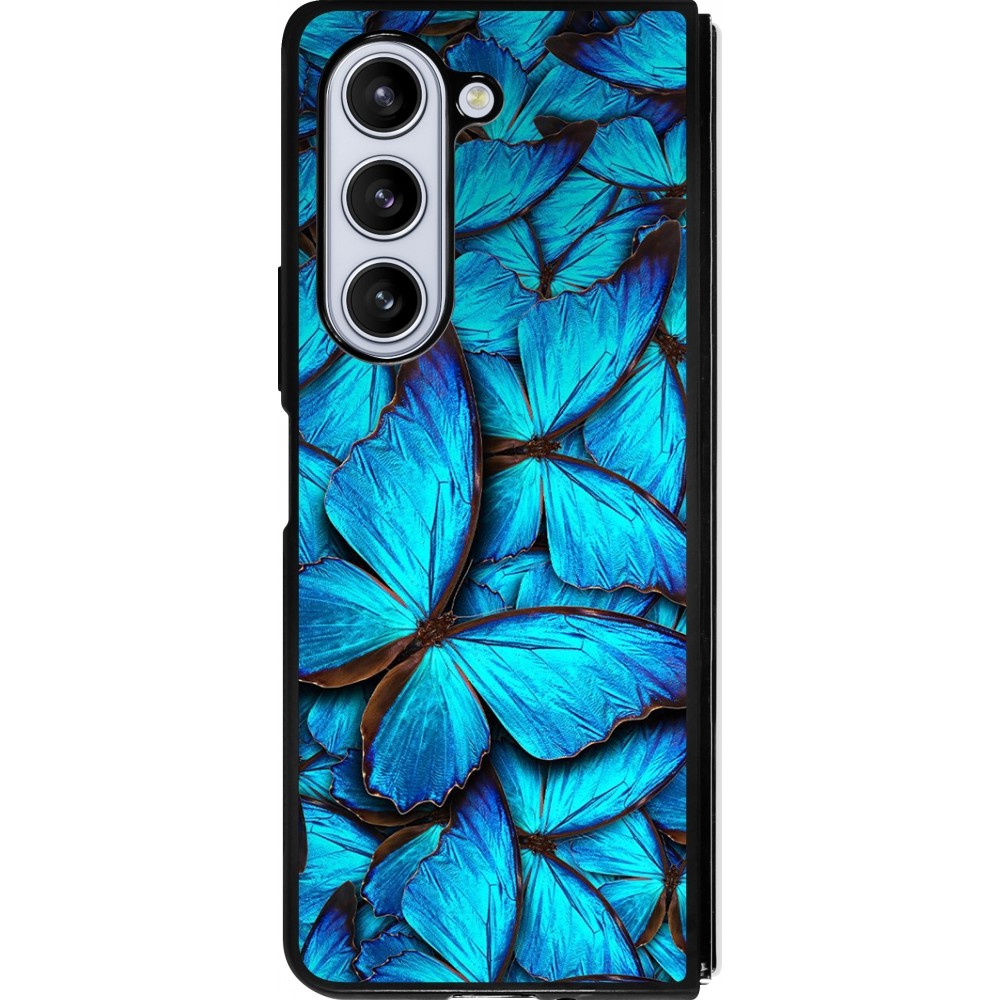 Coque Samsung Galaxy Z Fold5 - Silicone rigide noir Papillon bleu