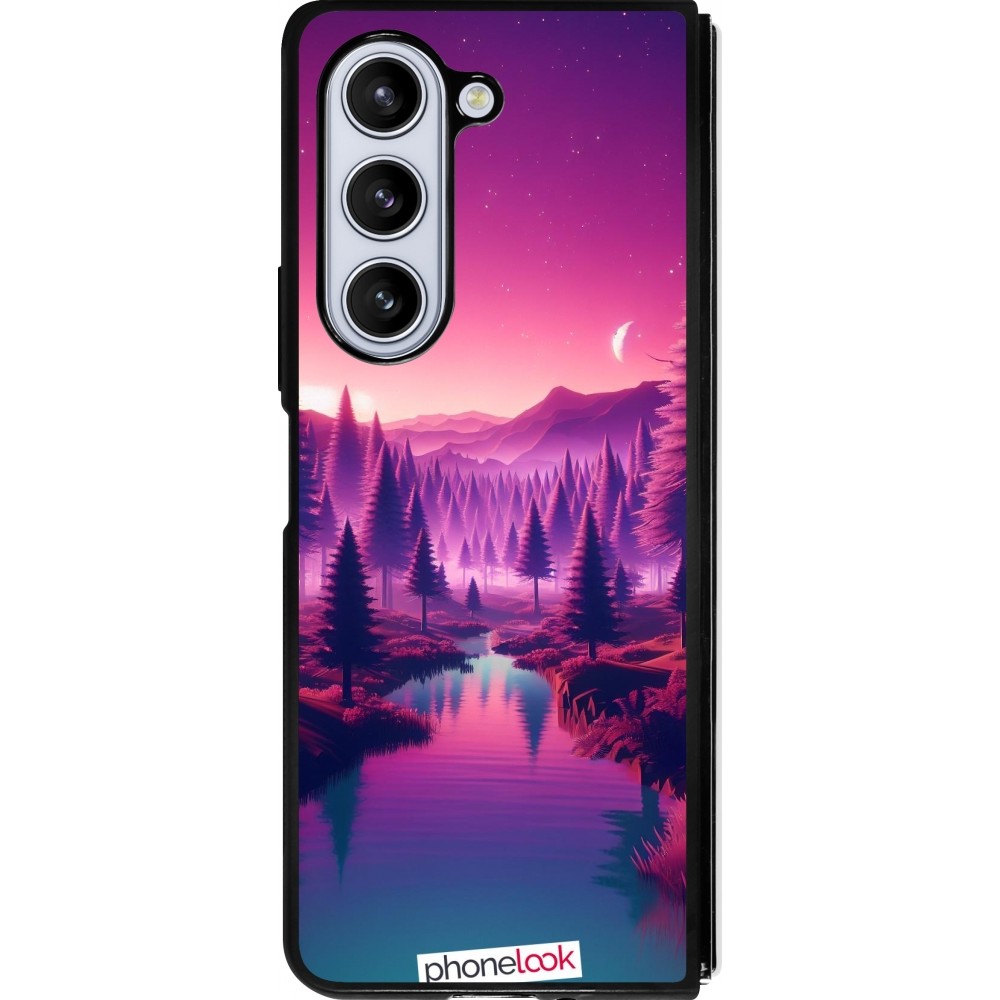 Coque Samsung Galaxy Z Fold5 - Silicone rigide noir Paysage Violet-Rose