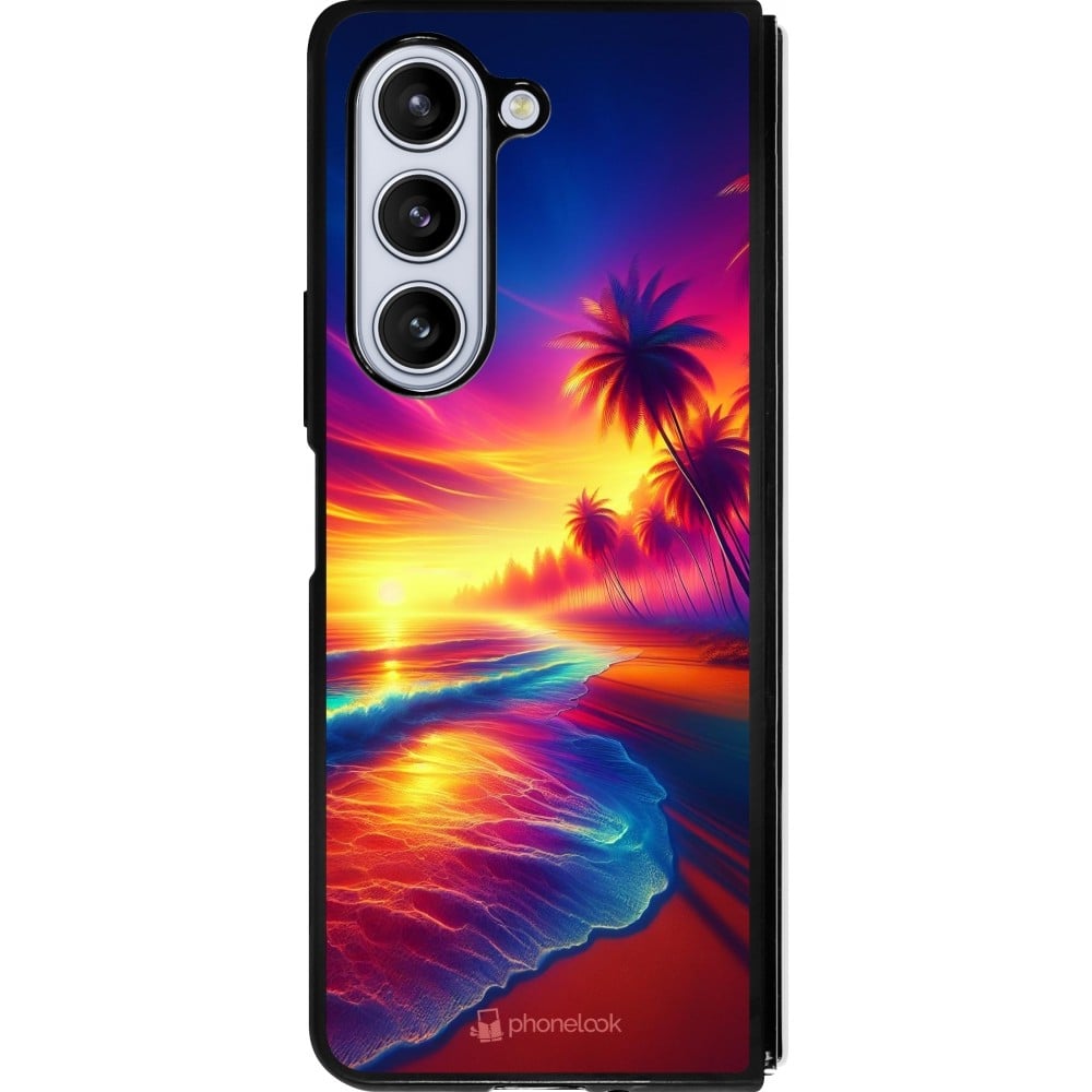 Coque Samsung Galaxy Z Fold5 - Silicone rigide noir Plage coucher soleil flashy