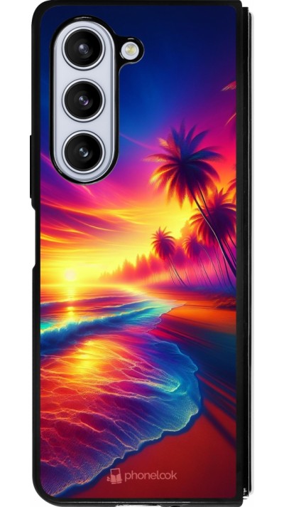 Coque Samsung Galaxy Z Fold5 - Silicone rigide noir Plage coucher soleil flashy