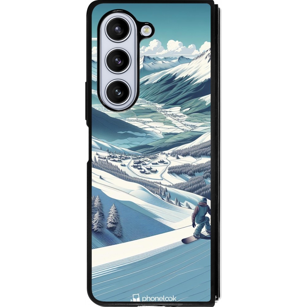 Coque Samsung Galaxy Z Fold5 - Silicone rigide noir Snowboarder Montagne