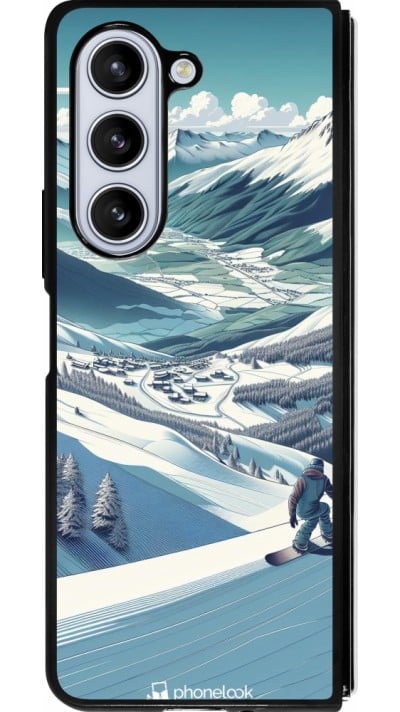 Coque Samsung Galaxy Z Fold5 - Silicone rigide noir Snowboarder Montagne