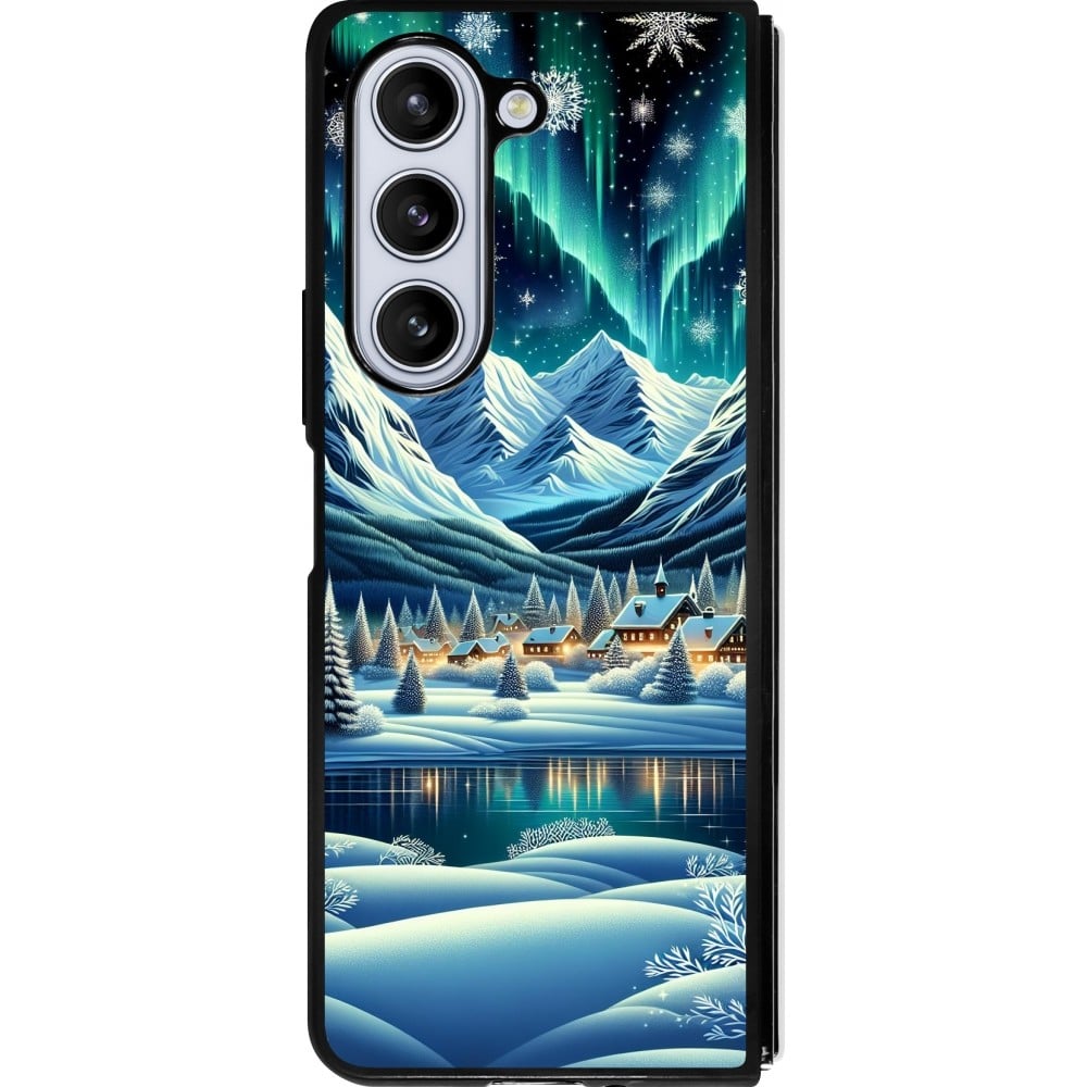 Coque Samsung Galaxy Z Fold5 - Silicone rigide noir Snowy Mountain Village Lake night