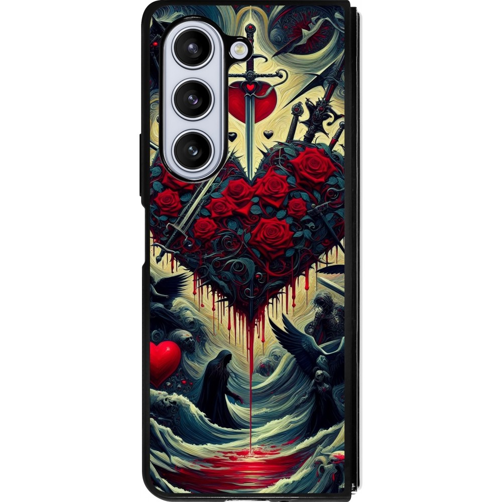 Coque Samsung Galaxy Z Fold5 - Silicone rigide noir Dark Love Coeur Sang