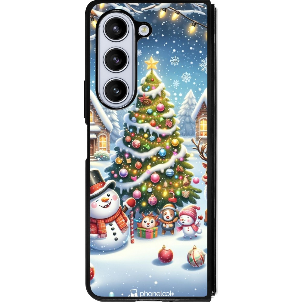 Coque Samsung Galaxy Z Fold5 - Silicone rigide noir Noël 2023 bonhomme de neige et sapin