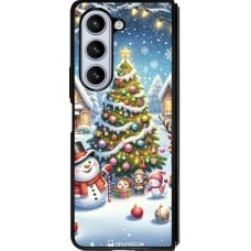 Coque Samsung Galaxy Z Fold5 - Silicone rigide noir Noël 2023 bonhomme de neige et sapin