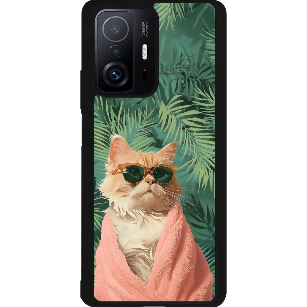 Coque Xiaomi 11T - Silicone rigide noir Cat Summer Palms