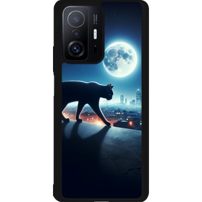 Coque Xiaomi 11T - Silicone rigide noir Chat noir sous la pleine lune