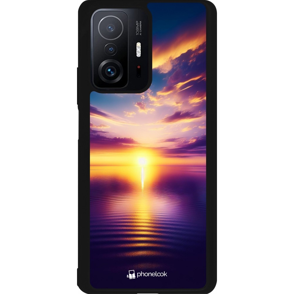 Coque Xiaomi 11T - Silicone rigide noir Coucher soleil jaune violet