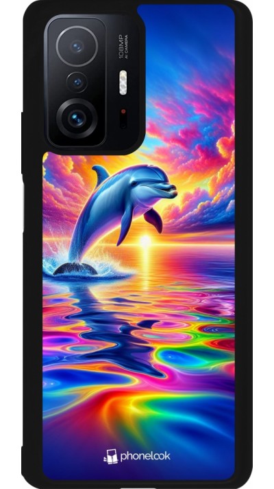 Coque Xiaomi 11T - Silicone rigide noir Dauphin arc-en-ciel heureux