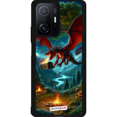 Coque Xiaomi 11T - Silicone rigide noir Dragon Volant Forêt Trésor