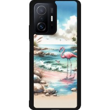 Coque Xiaomi 11T - Silicone rigide noir Flamant rose aquarelle