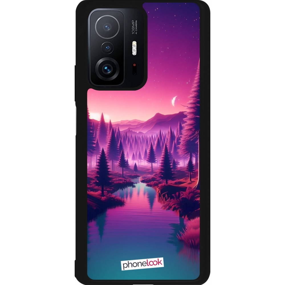 Coque Xiaomi 11T - Silicone rigide noir Paysage Violet-Rose