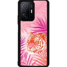 Coque Xiaomi 11T - Silicone rigide noir Tigre palmiers roses