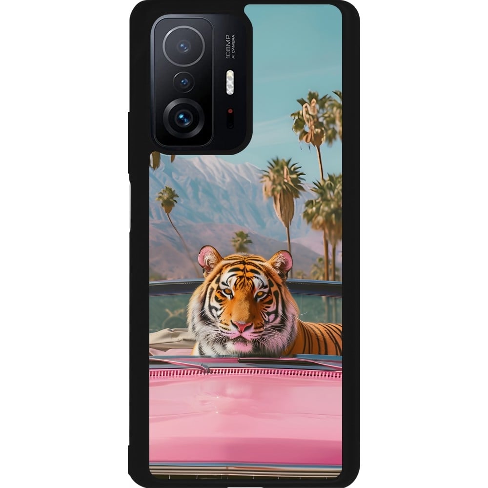 Coque Xiaomi 11T - Silicone rigide noir Tigre voiture rose