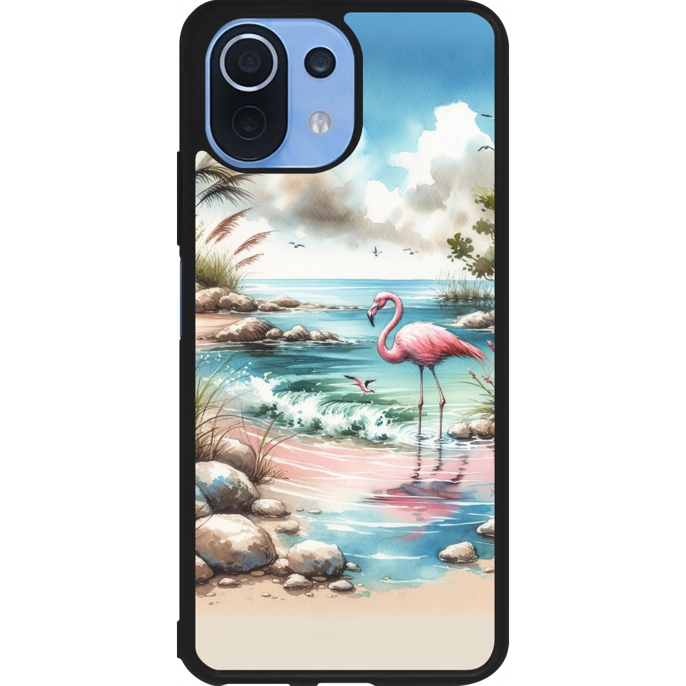 Coque Xiaomi Mi 11 Lite 5G - Silicone rigide noir Flamant rose aquarelle