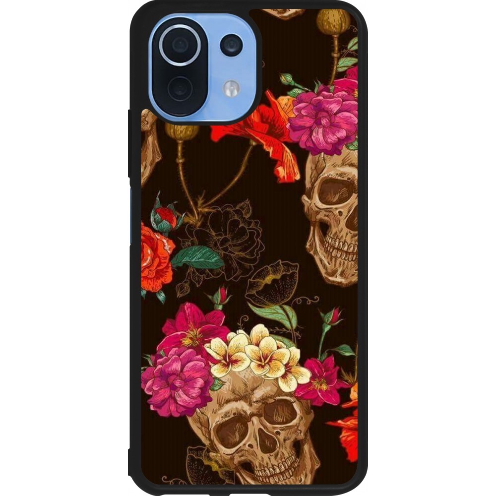 Coque Xiaomi Mi 11 Lite 5G - Silicone rigide noir Skulls and flowers