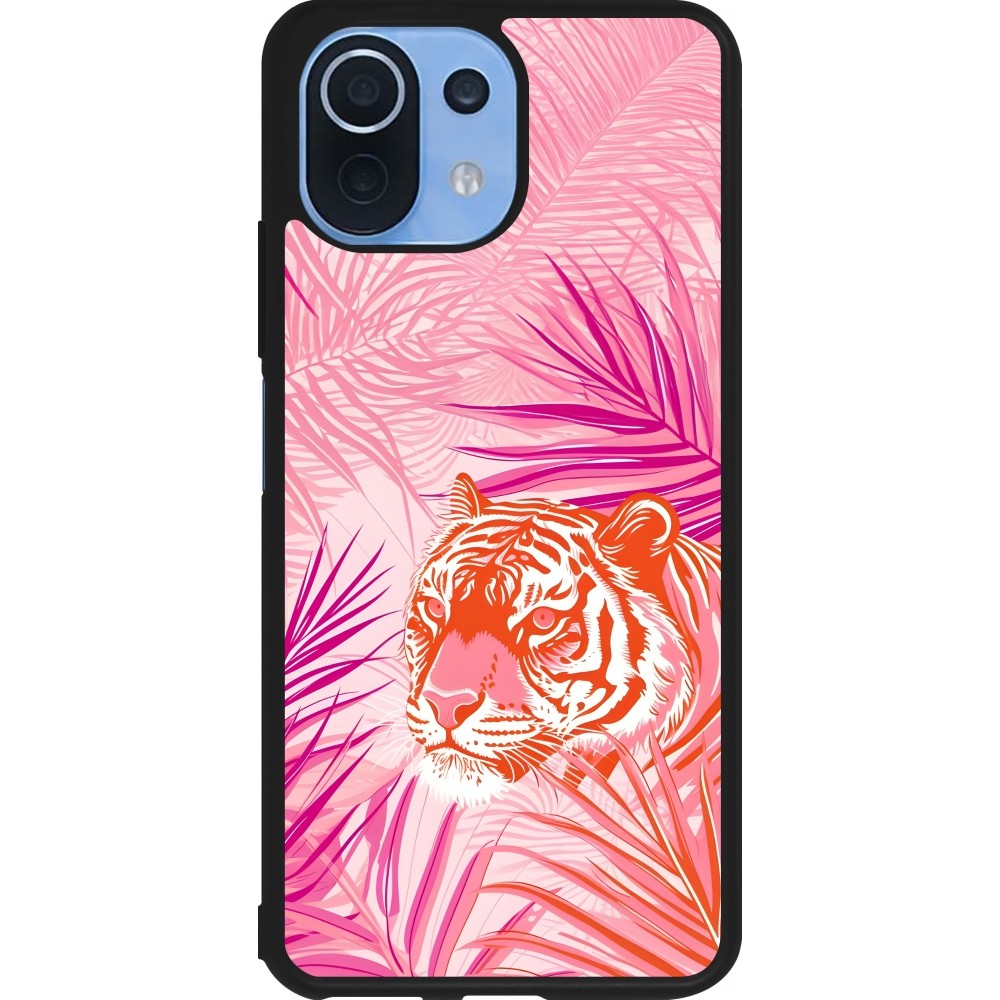 Coque Xiaomi Mi 11 Lite 5G - Silicone rigide noir Tigre palmiers roses