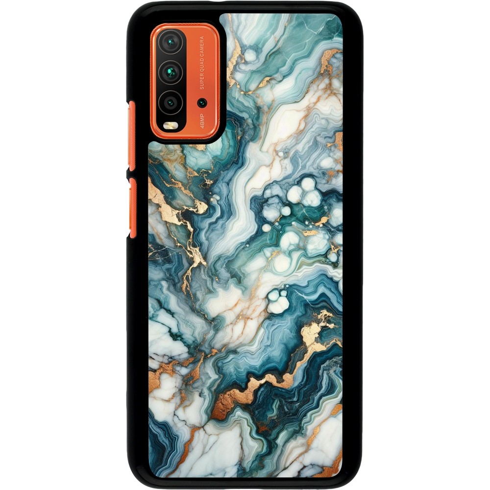 Coque Xiaomi Redmi 9T - Marbre Vert Bleu Doré