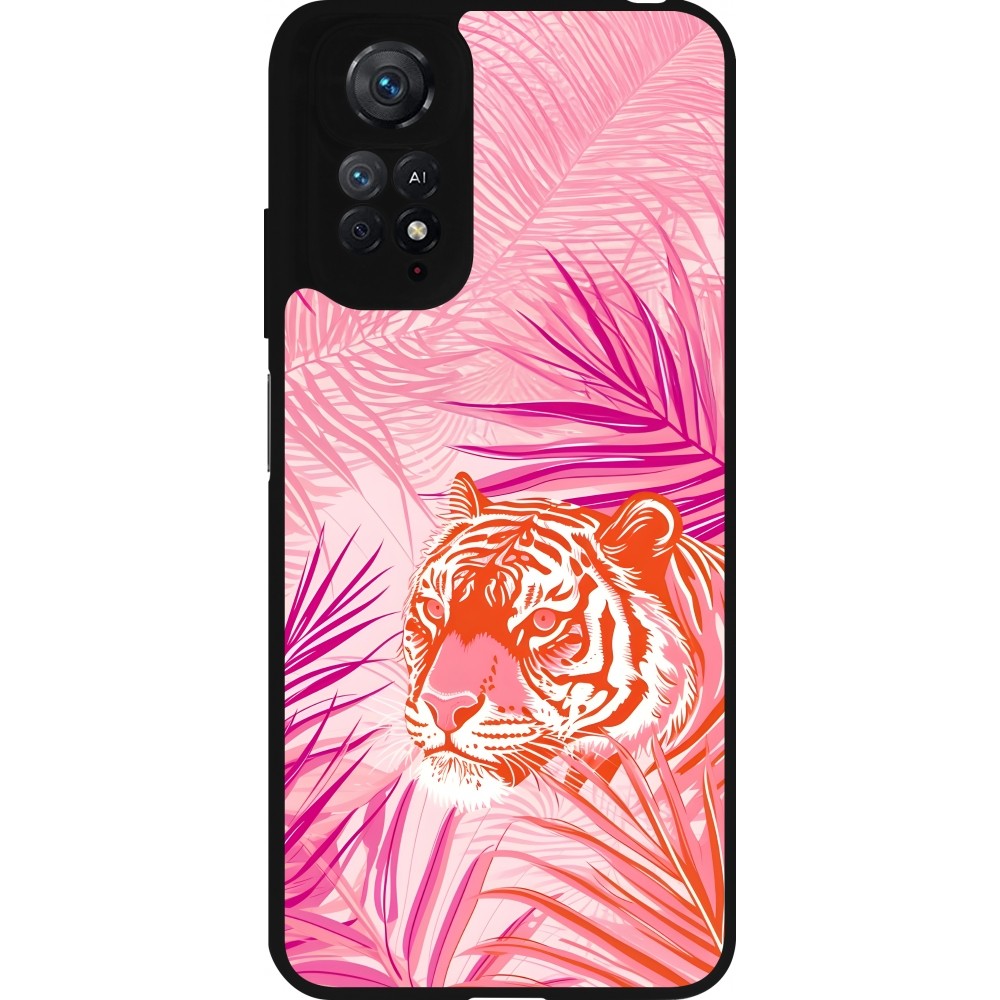 Coque Xiaomi Redmi Note 11 / 11S - Silicone rigide noir Tigre palmiers roses