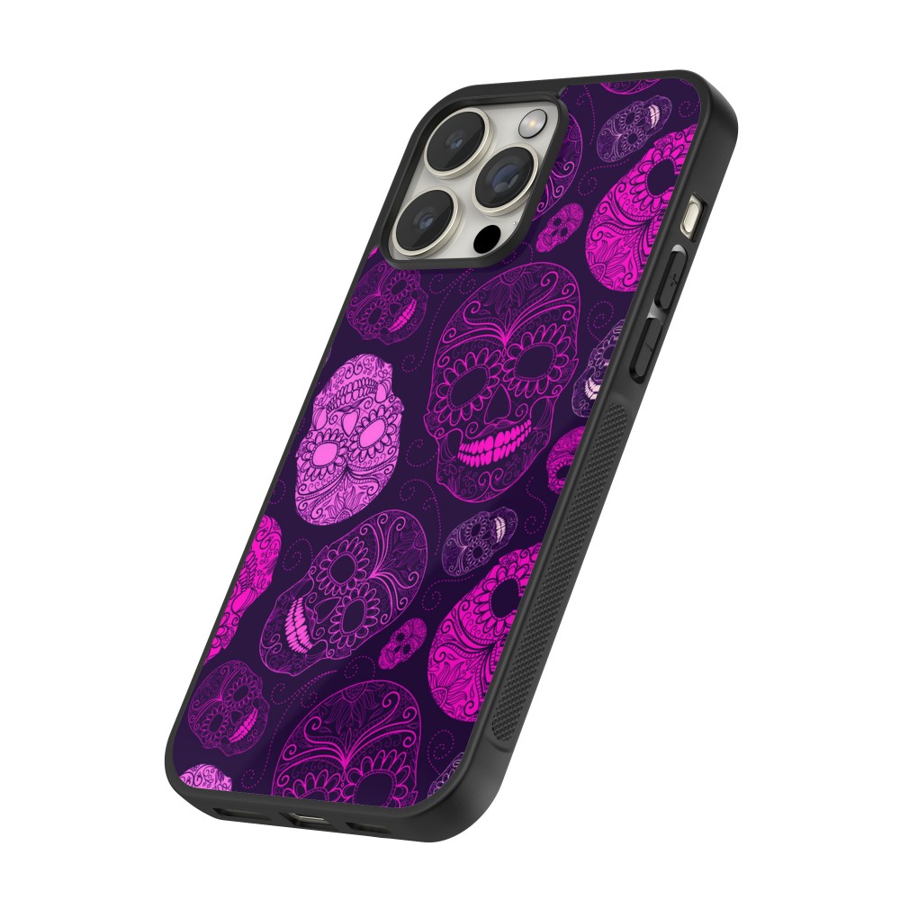 Coque iPhone 12 / 12 Pro - Silicone rigide noir Halloween 2023 pink skulls