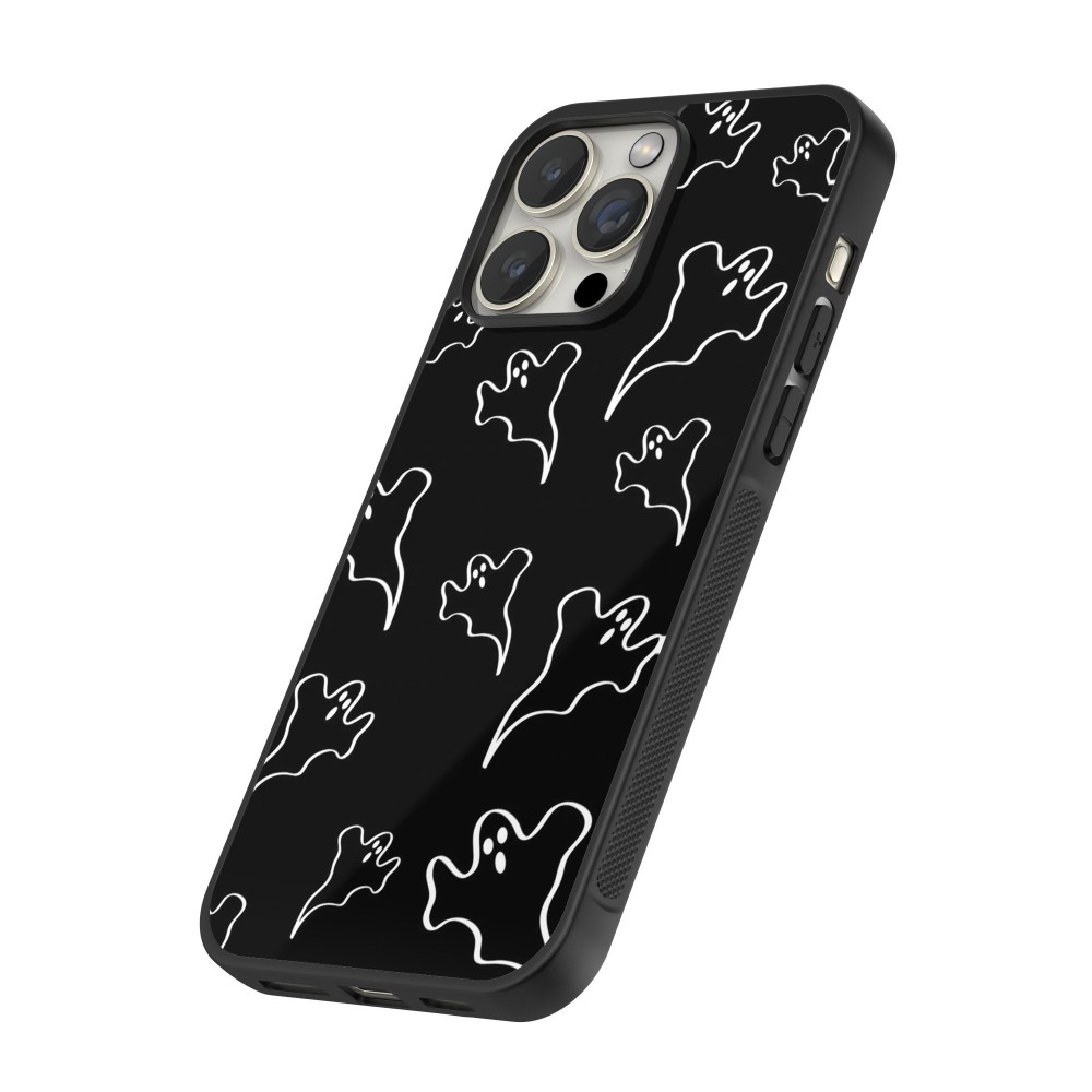 Coque iPhone 12 / 12 Pro - Silicone rigide noir Halloween 2024 black and white ghosts