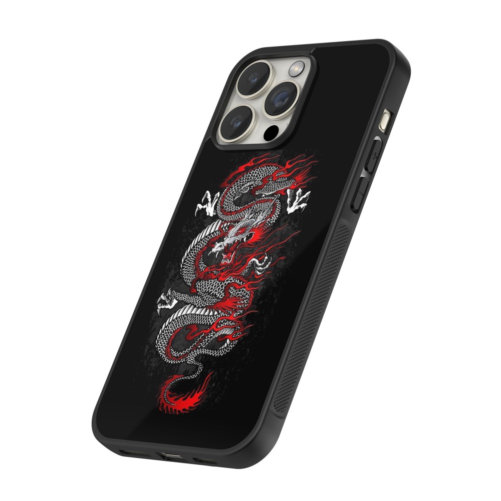 Coque iPhone 12 / 12 Pro - Silicone rigide noir Japanese style Dragon Tattoo Red Black