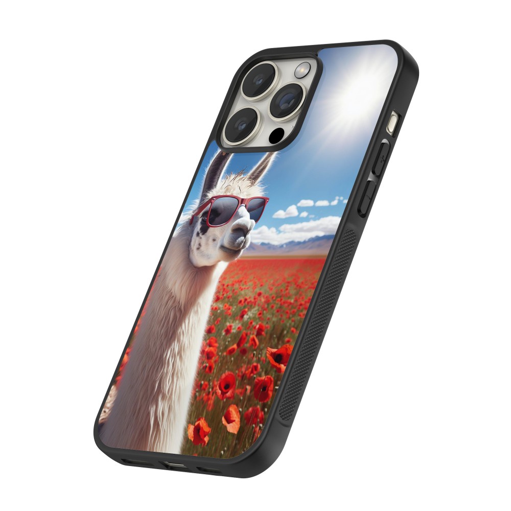 Coque iPhone 12 / 12 Pro - Silicone rigide noir Lama Chic en Coquelicot