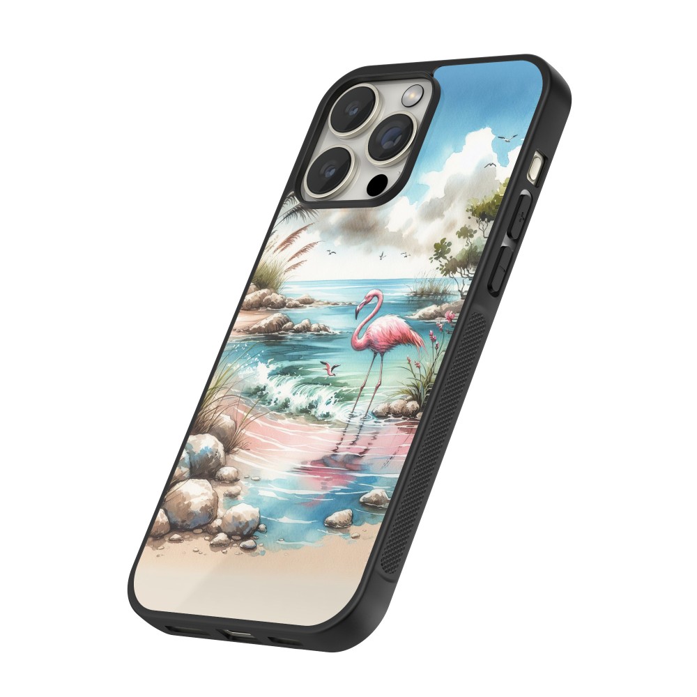 Coque iPhone 12 Pro Max - Silicone rigide noir Flamant rose aquarelle