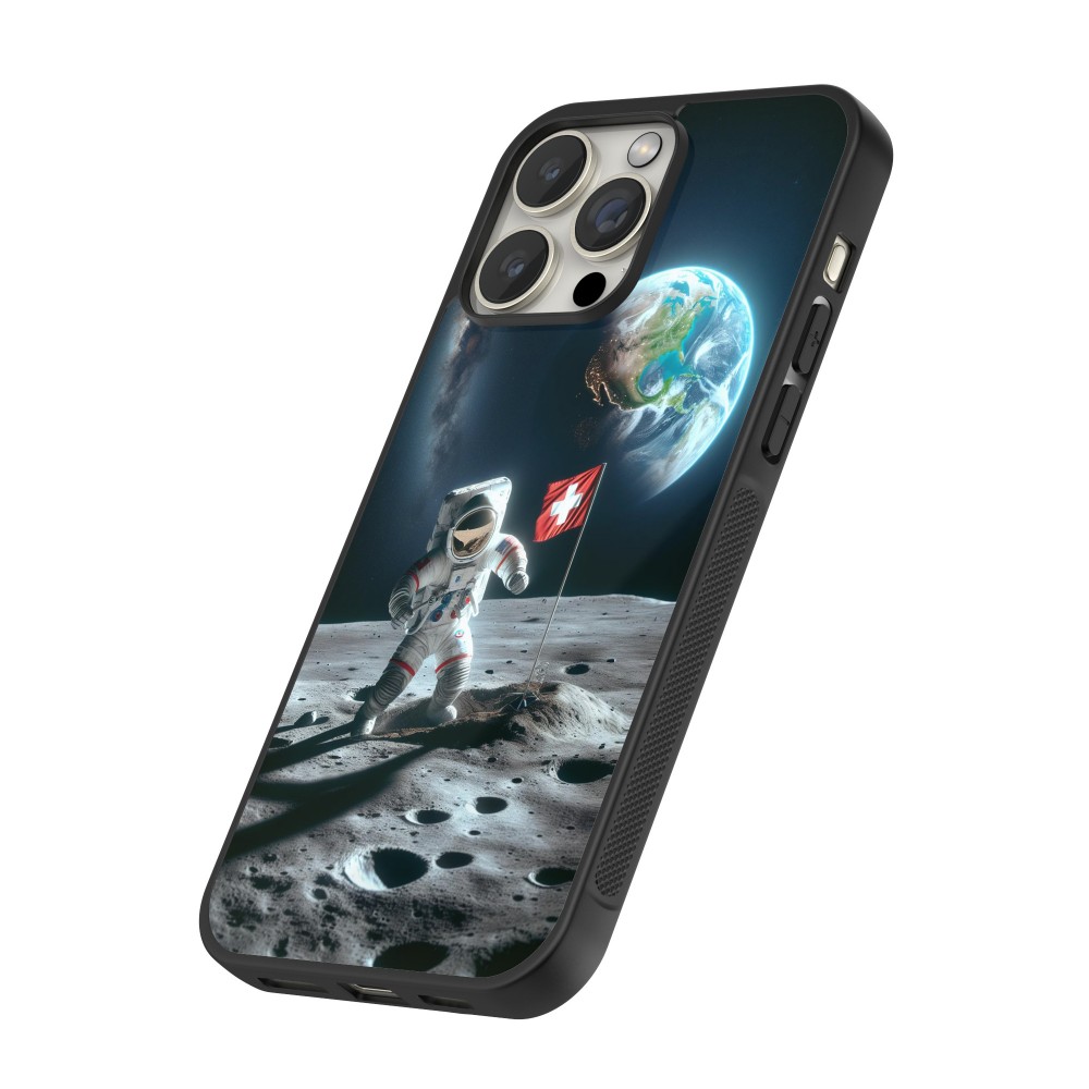 Coque iPhone 13 Pro Max - Silicone rigide noir Astro Suisse sur lune