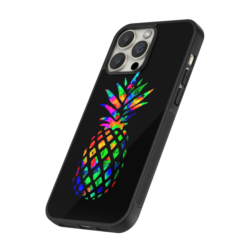 Coque iPhone 15 Pro Max - Silicone rigide noir Ananas Multi-colors