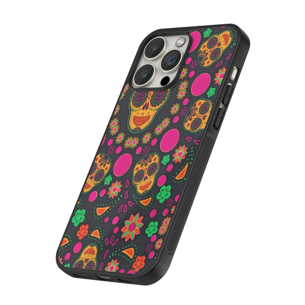 Coque iPhone 15 Pro Max - Silicone rigide noir Halloween 22 colorful mexican skulls