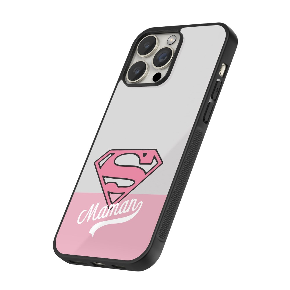 Coque iPhone 15 Pro Max - Silicone rigide noir Mom 2024 Super hero maman