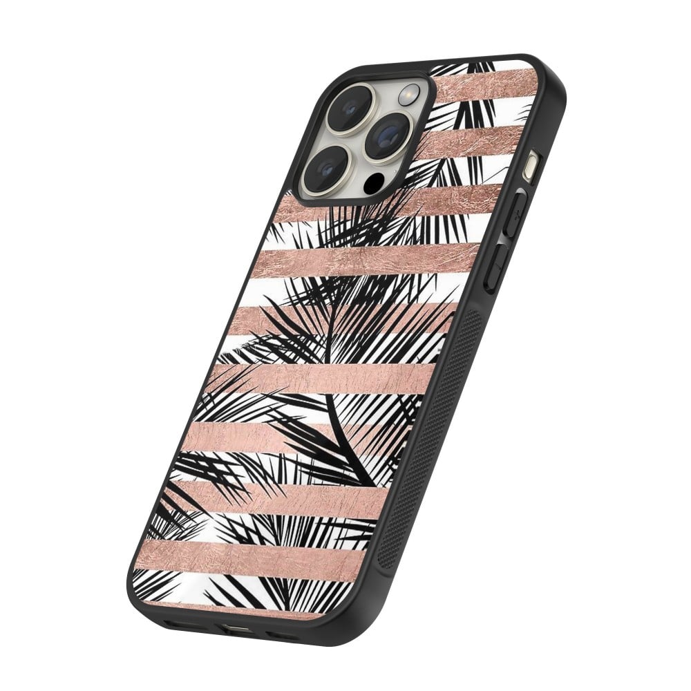 Coque iPhone 15 Pro Max - Silicone rigide noir Palm trees gold stripes