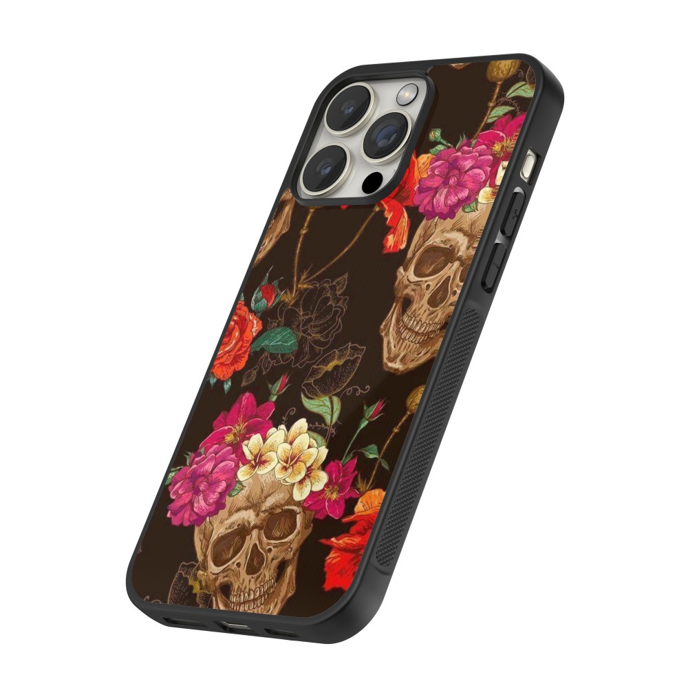 Coque iPhone 15 Pro Max - Silicone rigide noir Skulls and flowers