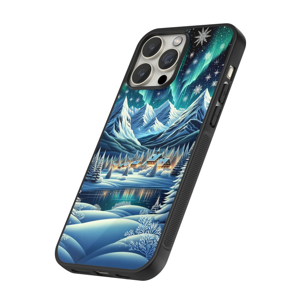 Coque iPhone 15 Pro Max - Silicone rigide noir Snowy Mountain Village Lake night