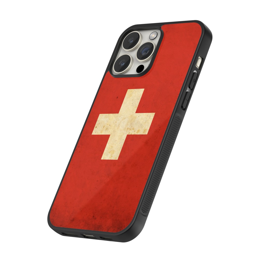 Coque iPhone 15 Pro Max - Silicone rigide noir Vintage Flag SWISS